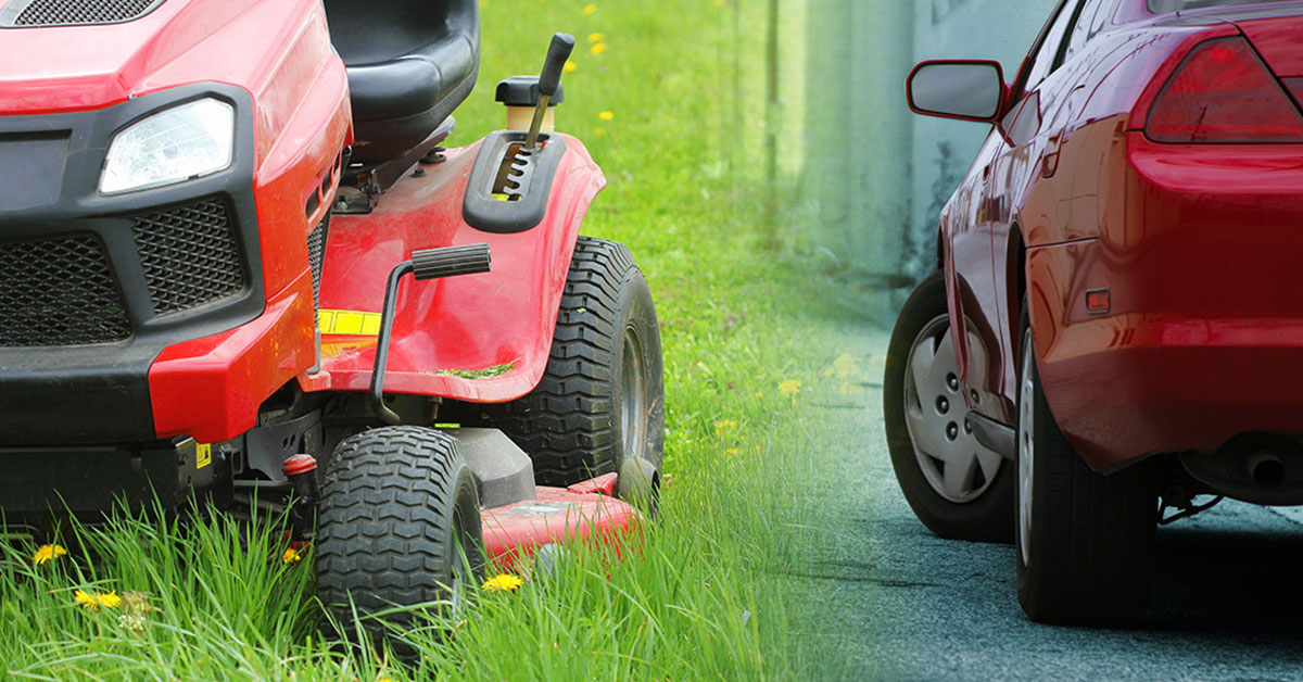 Composite photograph of red ride-on lawnmower in grass and red automobile on pavement